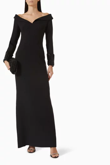 Embellished Off-shoulder Dress in Crepe