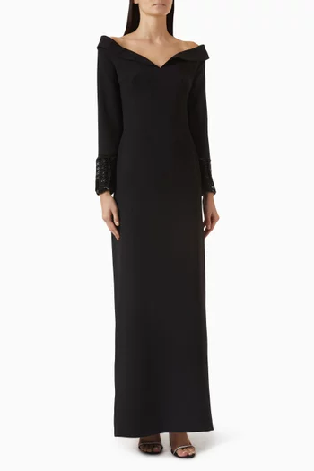 Embellished Off-shoulder Dress in Crepe