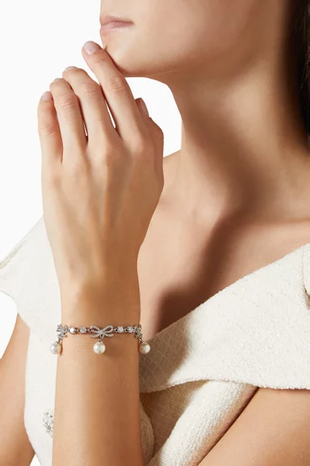 Bow Crystal & Pearl Charm Bracelet in Platinum-tone Brass