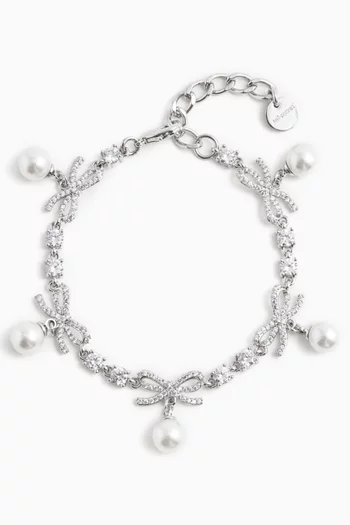 Bow Crystal & Pearl Charm Bracelet in Platinum-tone Brass