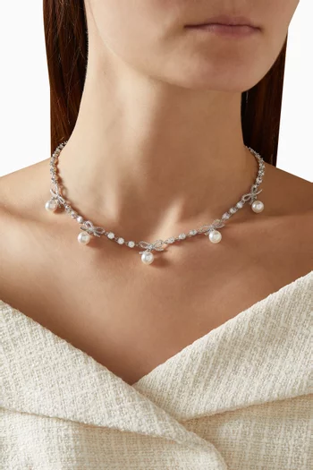 Bow Crystal & Pearl Necklace in Platinum-plated Brass
