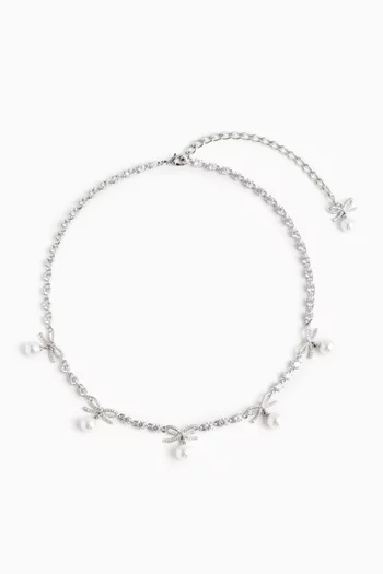 Bow Crystal & Pearl Necklace in Platinum-plated Brass