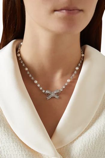 Bow Crystal & Pearl Necklace in Platinum-plated Brass