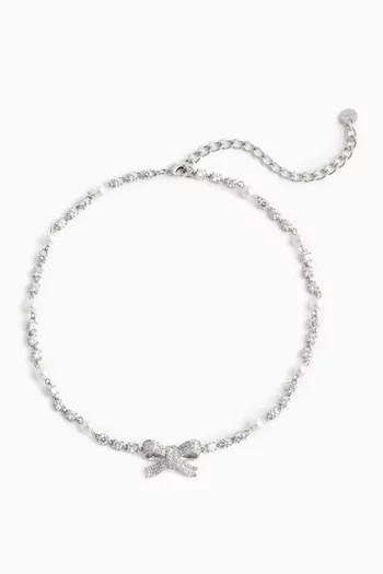 Bow Crystal & Pearl Necklace in Platinum-plated Brass