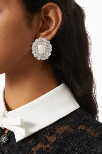 Oval Pearl & Crystal Stud Earrings in Silver-plated Brass