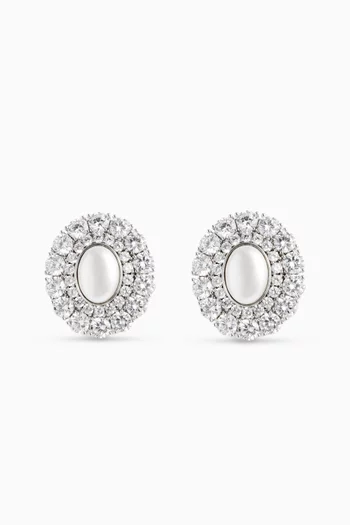 Oval Pearl & Crystal Stud Earrings in Silver-plated Brass