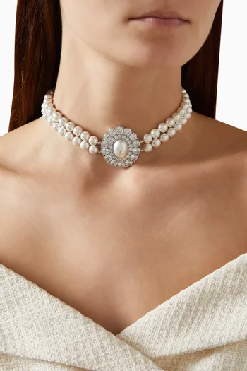 Pearl & Crystal Choker Necklace in Platinum-plated Brass
