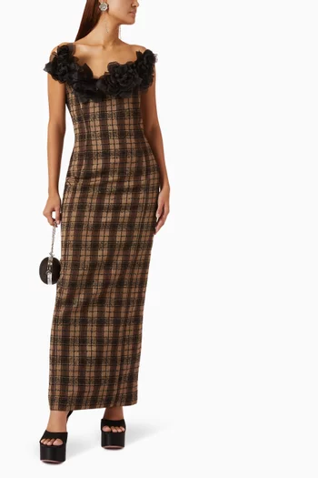 Floral-appliqué Plaid Dress