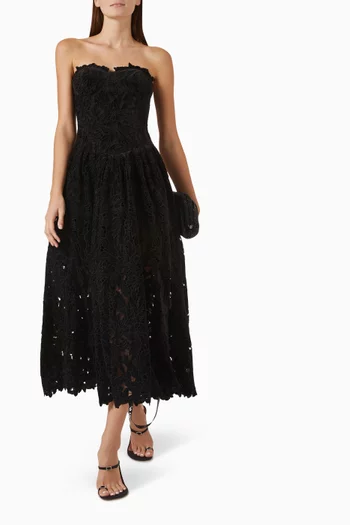 Arabella Strapless Midi Dress in Velvet Guipure Lace