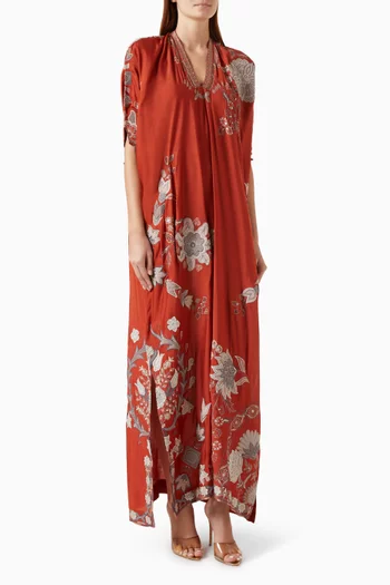 Embroidered Kaftan in Cotton-silk