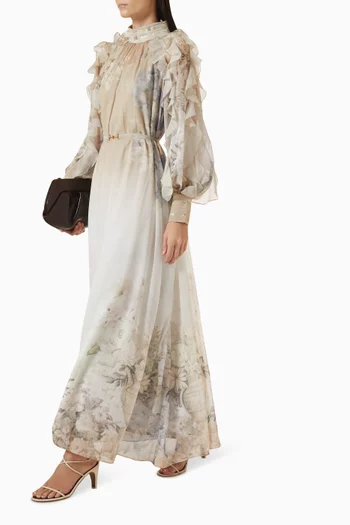 Floralie Belted Ruffle Dress in Chiffon