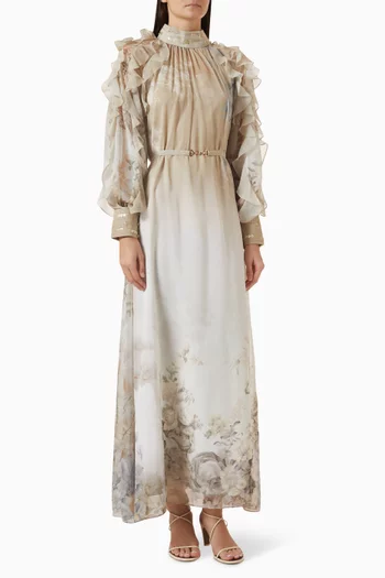 Floralie Belted Ruffle Dress in Chiffon