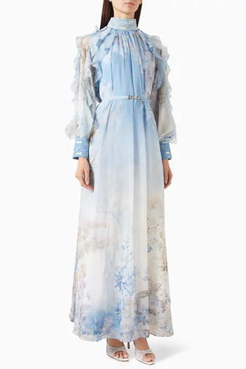 Floralie Belted Ruffle Dress in Chiffon