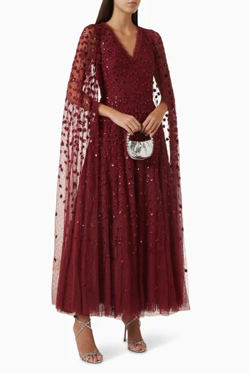 Clover Cape-sleeve Ankle Gown in Tulle