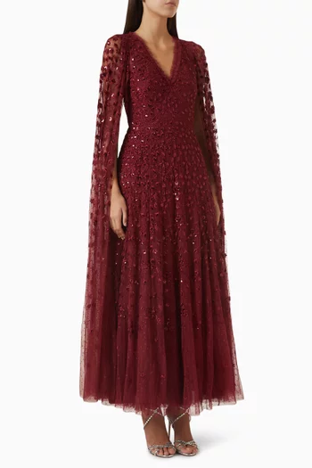 Clover Cape-sleeve Ankle Gown in Tulle