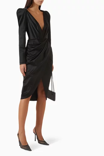 Draped Midi Dress in Stretch-satin