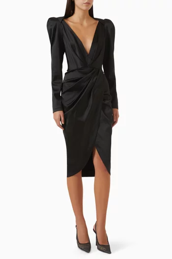 Draped Midi Dress in Stretch-satin