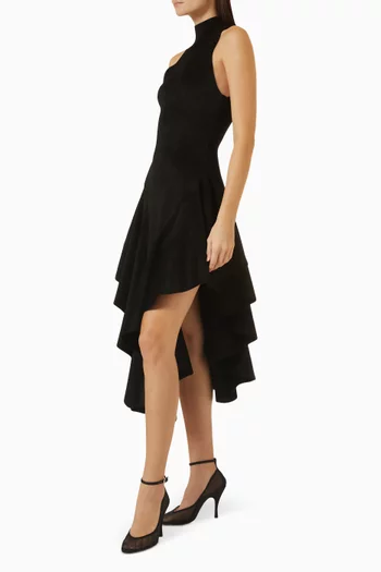 Asymmetrical Ruffled Midi Dress in Velvet