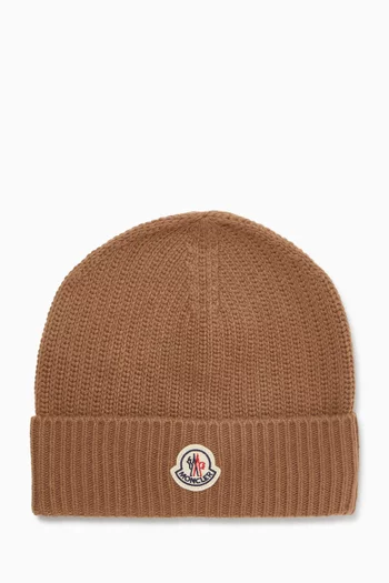 Ribbed Logo Beanie in Wool & Cashmere