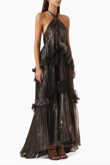 Zadie Ruffled Halter Dress in Foiled Mousseline