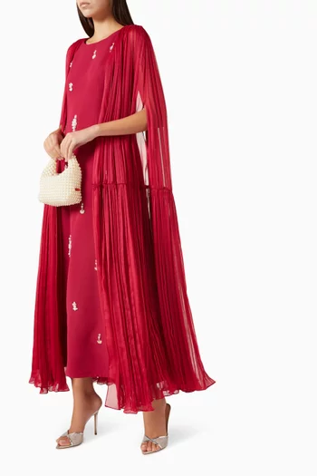 Embroidered Cape Maxi Dress in Crepe & Chiffon