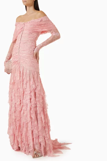 Off-shoulder Gathered Gown in Lace