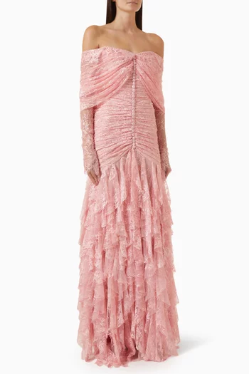 Off-shoulder Gathered Gown in Lace