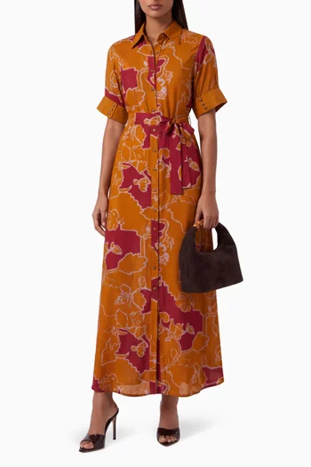 Floral-print Belted Shirt Dress in Cotton-silk