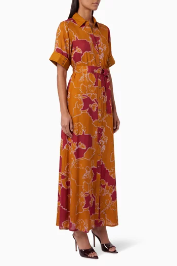 Floral-print Belted Shirt Dress in Cotton-silk