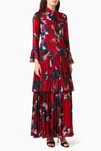Abstract-print Tiered Dress in Chiffon