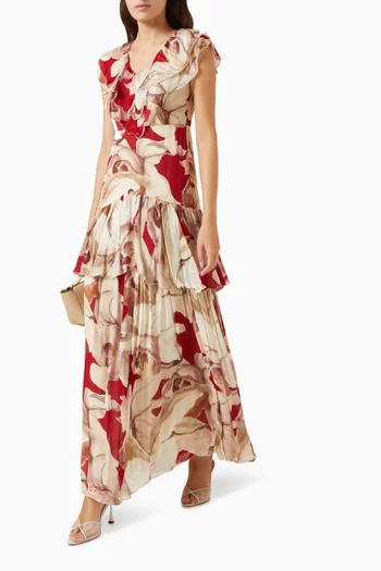 Abstract-print Frill Dress in Chiffon