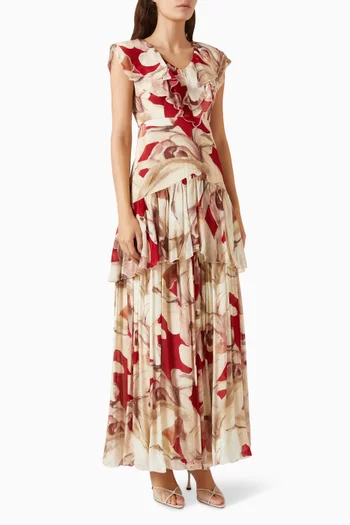 Abstract-print Frill Dress in Chiffon