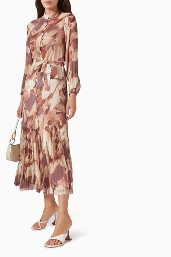 Abstract-print Belted Dress in Chiffon