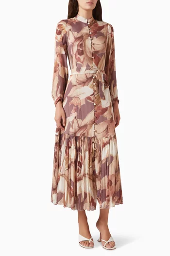 Abstract-print Belted Dress in Chiffon