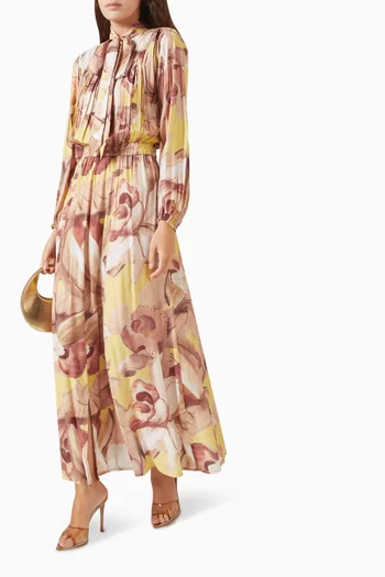 Abstract-print Pleated Dress in Cotton-silk