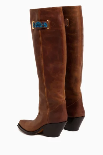 AZELAN KNEE BOOTS WITH LOW BLOCK HEEL IN VINTAGE EFFECT ON CALFSKIN LEATHER WITH EMBROIDERY DETAIL:Light/Pastel Brown:39|220061816