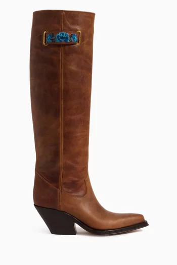 AZELAN KNEE BOOTS WITH LOW BLOCK HEEL IN VINTAGE EFFECT ON CALFSKIN LEATHER WITH EMBROIDERY DETAIL:Light/Pastel Brown:39|220061816