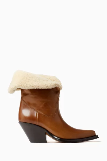 AZELAN ANKLE BOOTS WITH SHEARLING FOLD OVER COLLAR IN CALFSKIN LEATHER WITH STUDS AND WEDGED LOW BLOCK HEEL:Light/Pastel Brown:37|220061814
