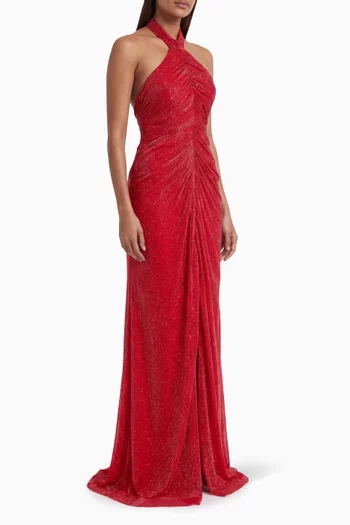 Jessy Ruched Halterneck Dress in Jersey