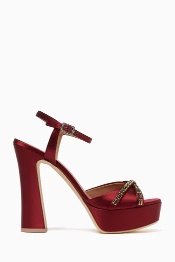 EXCLUSIVE CAPSULE HOLIDAY DROP: KEATON 125 PLATFORM SANDAL HEELS IN SATIN WITH GOLD CRYSTAL BAGUETTES DETAIL WITH HIGH 125MM BLOCK HEEL:BURGUNDY:40|220081450