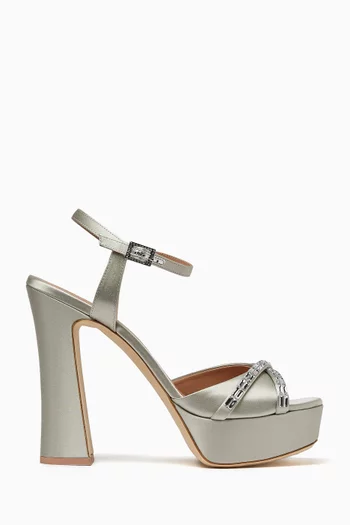 EXCLUSIVE CAPSULE HOLIDAY DROP: KEATON 125 PLATFORM SANDAL HEELS IN SATIN WITH CLEAR CRYSTAL BAGUETTES DETAIL WITH HIGH 125MM BLOCK HEEL:Light/Pastel Grey:38.5|220081390