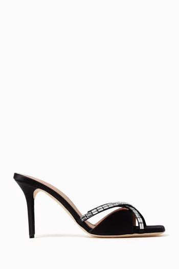 EXCLUSIVE CAPSULE HOLIDAY DROP: PENN 85 MULES IN SATIN WITH CLEAR CRYSTAL BAGUETTES DETAIL AND MID 85MM STILETTO HEEL:BLK:36|220081449
