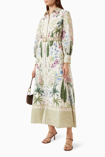 Arbora Printed Belted Maxi Dress in Linen