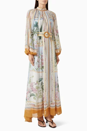 Veridia Printed Belted Maxi Dress in Chiffon