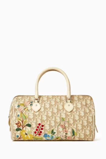 Small Floral Boston Bag in Coated Canvas & Leather