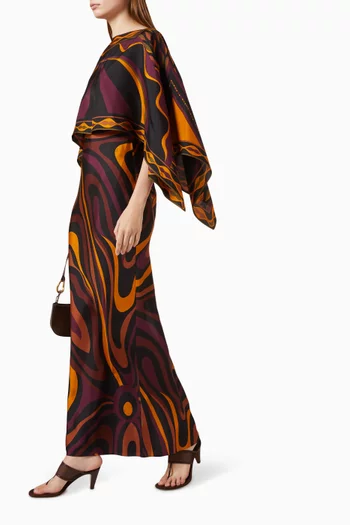 Marmo Print Maxi Dress with Cape in Silk
