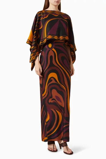 Marmo Print Maxi Dress with Cape in Silk