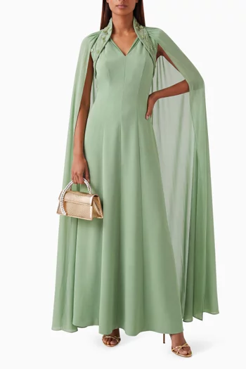 Embroidered Mandarin-collar Gown in Crepe