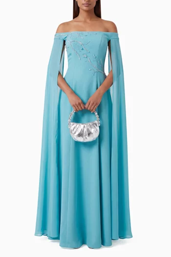 Embroidered Off-shoulder Cape Gown in Crepe