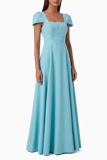 Embroidered Square-neck Gown in Crepe